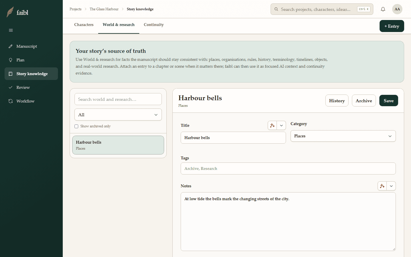 The actual faibl interface showing Story knowledge with a selected fictional world entry.