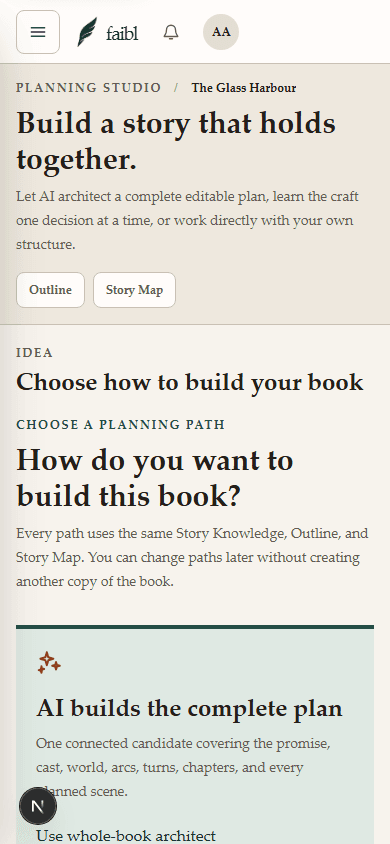 The actual faibl interface showing Planning Studio offering whole-book, guided, and manual planning paths.