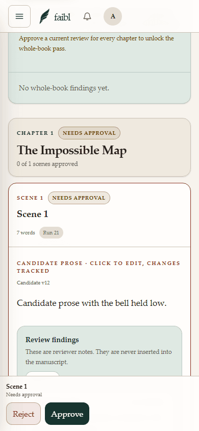 The actual faibl interface showing a sample scene candidate, review findings, and author approval actions.